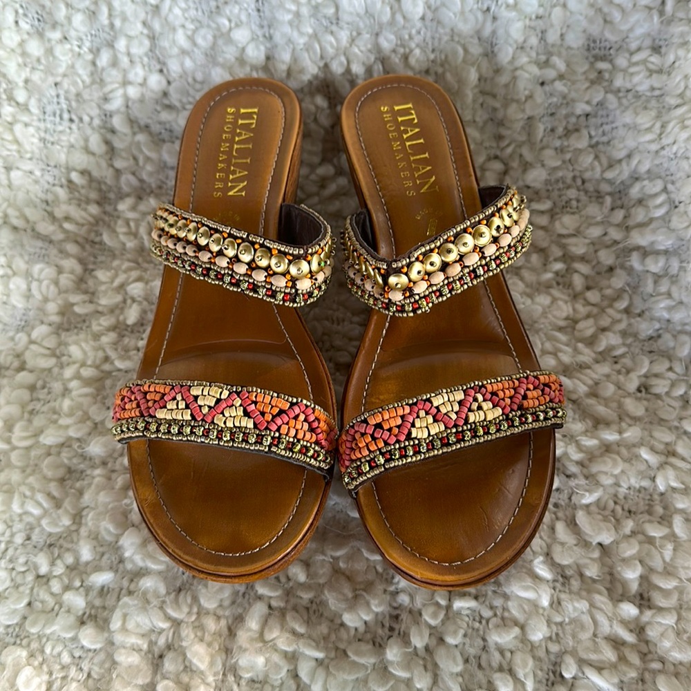 Italian Shoemakers Wedge Faux Wood Beaded Boho Sandals Sz 10/41